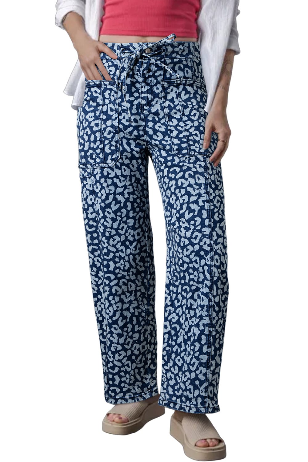Blue Leopard Print Drawstring Waist Pocketed Wide Leg Jeans - MAD RUFFI