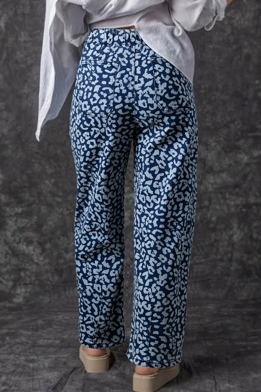 Blue Leopard Print Drawstring Waist Pocketed Wide Leg Jeans - MAD RUFFI