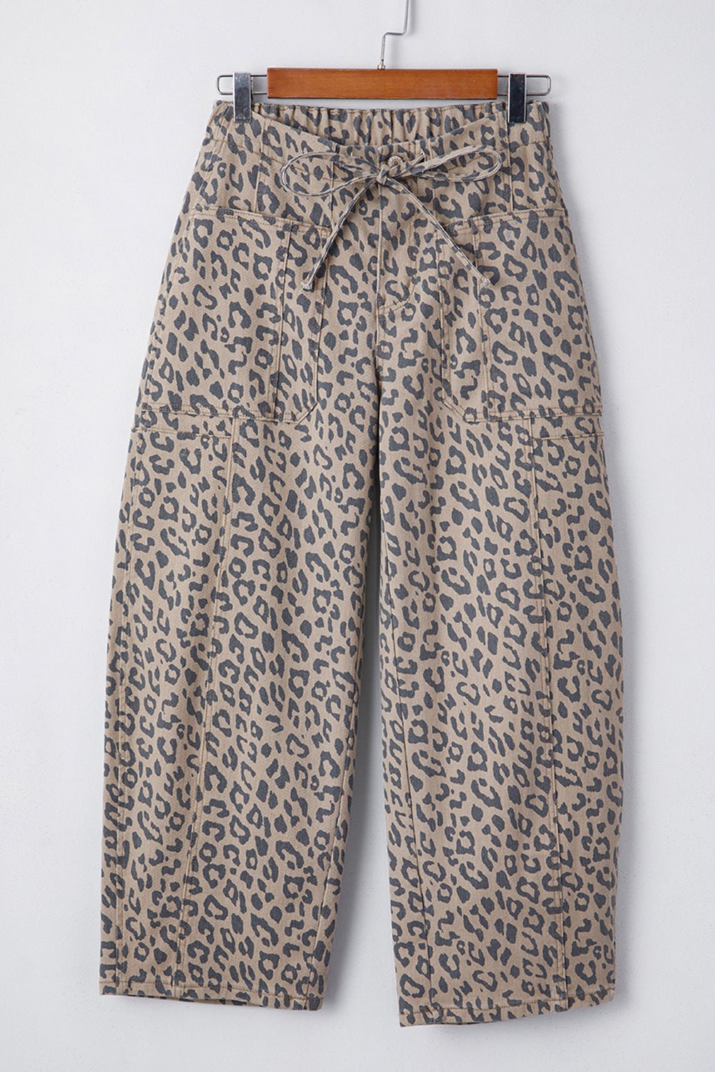 Blue Leopard Print Drawstring Waist Pocketed Wide Leg Jeans - MAD RUFFI