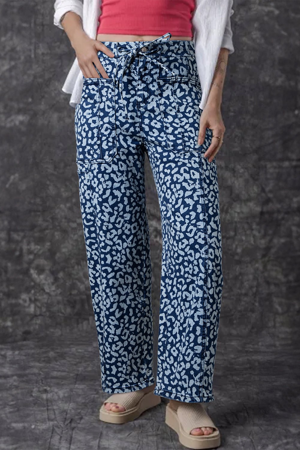 Blue Leopard Print Drawstring Waist Pocketed Wide Leg Jeans - MAD RUFFI