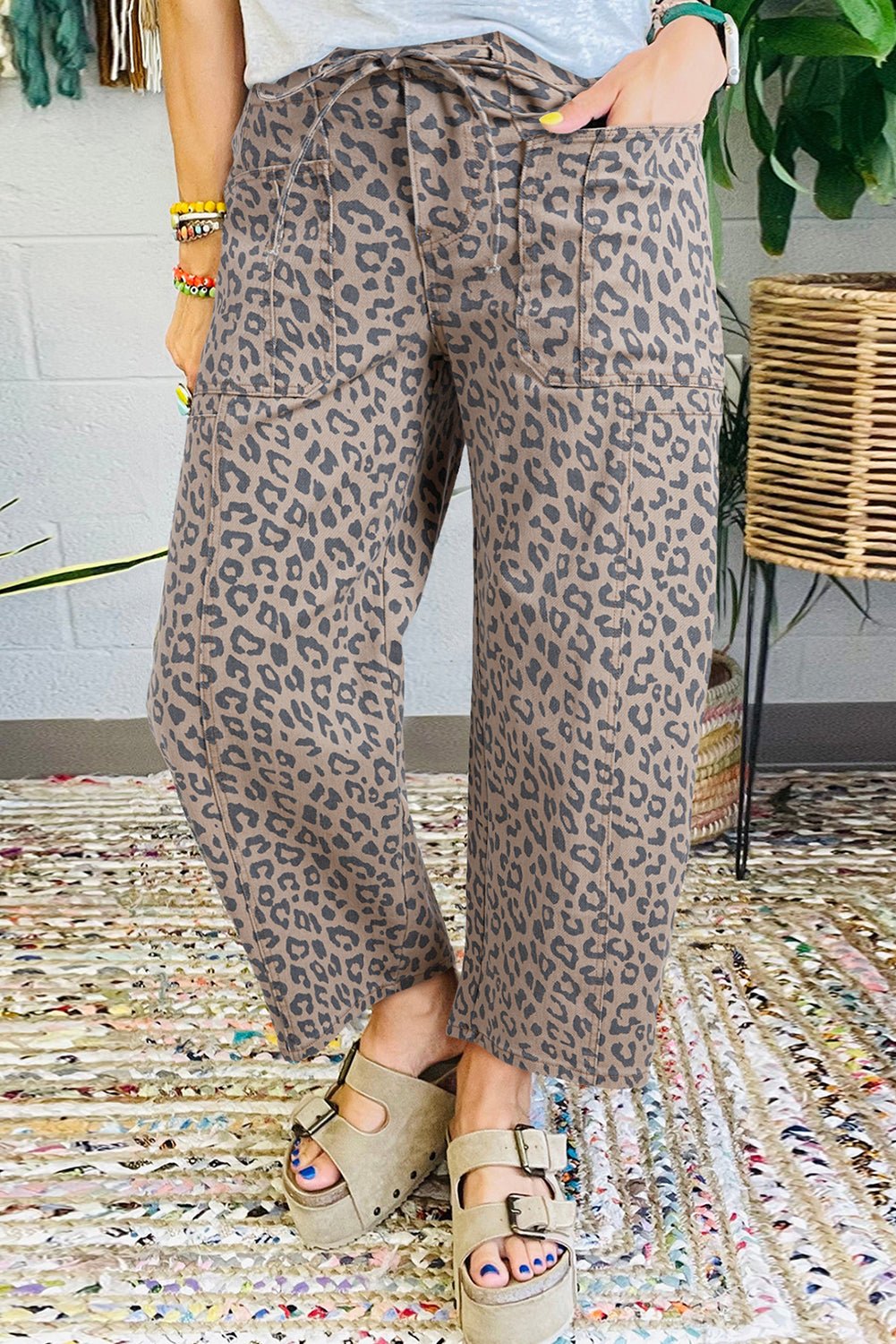 Blue Leopard Print Drawstring Waist Pocketed Wide Leg Jeans - MAD RUFFI