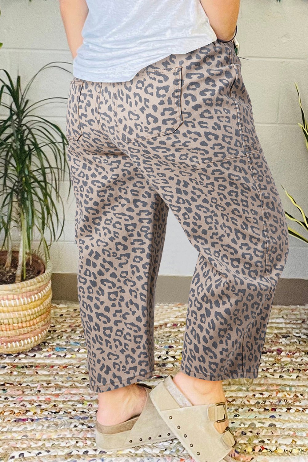Blue Leopard Print Drawstring Waist Pocketed Wide Leg Jeans - MAD RUFFI