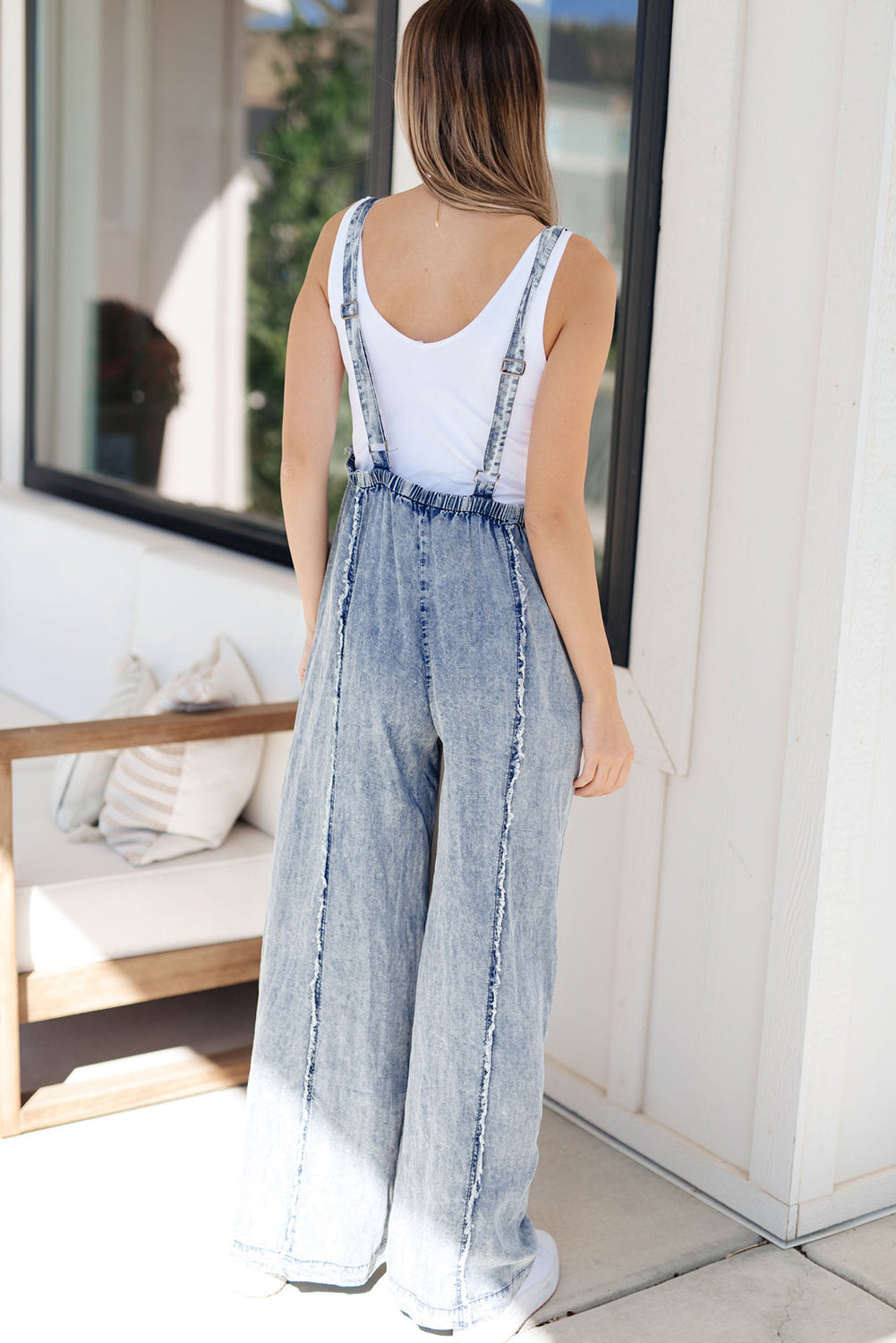 Blue Light Wash Frayed Exposed Seam Wide Leg Denim Overalls - MAD RUFFI