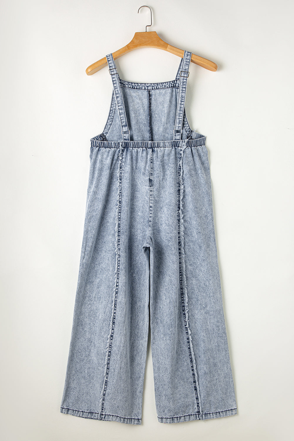 Blue Light Wash Frayed Exposed Seam Wide Leg Denim Overalls - MAD RUFFI