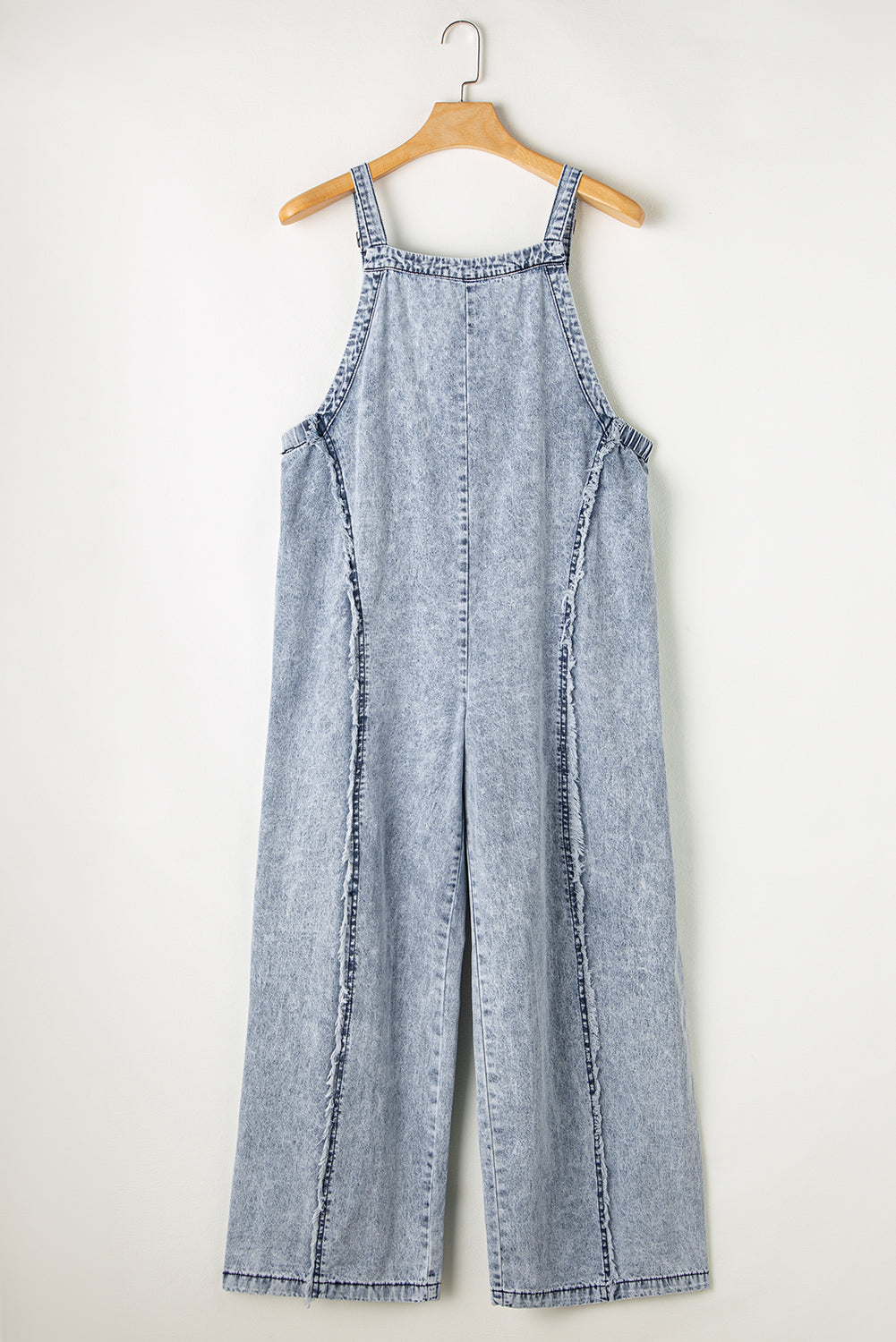 Blue Light Wash Frayed Exposed Seam Wide Leg Denim Overalls - MAD RUFFI