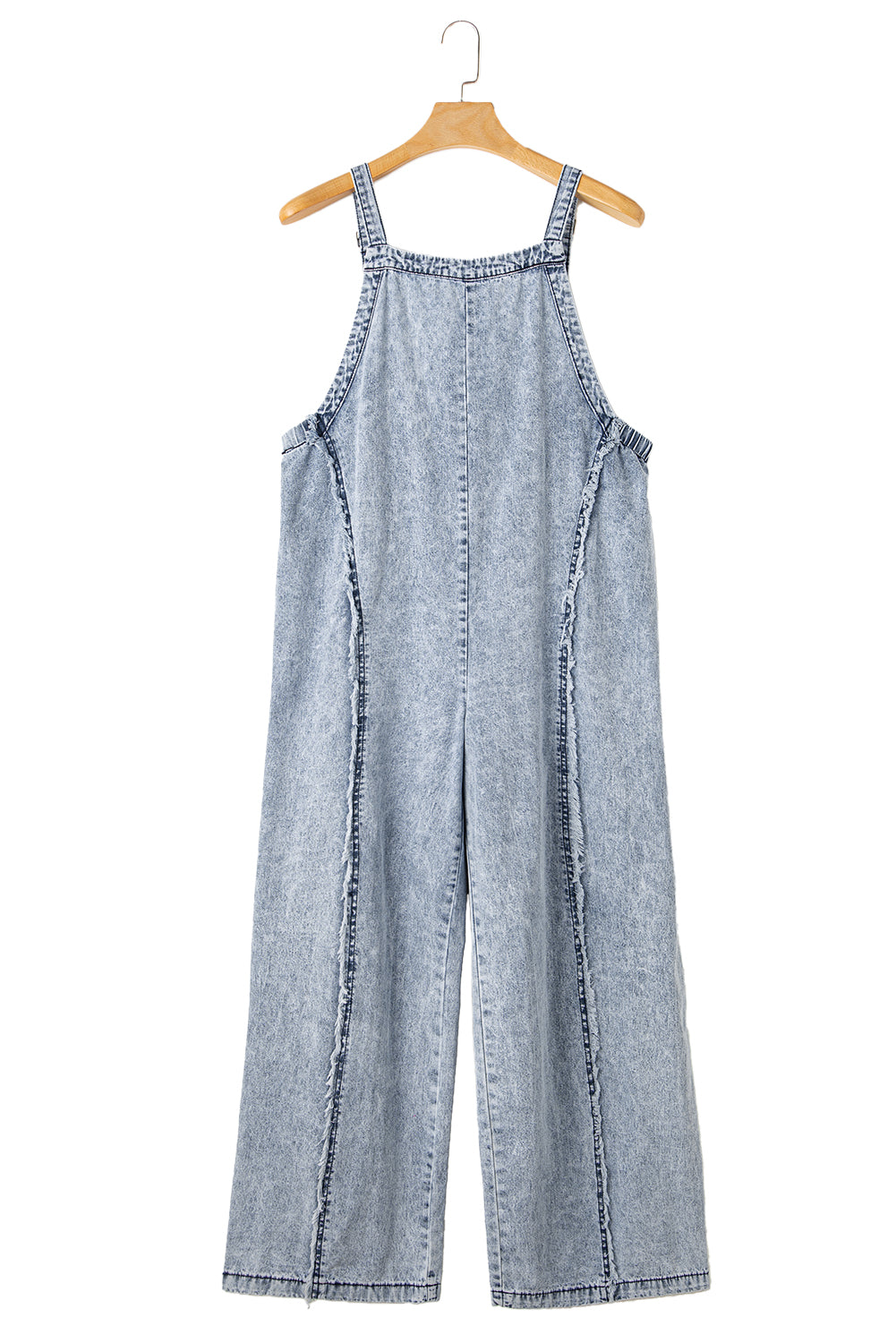 Blue Light Wash Frayed Exposed Seam Wide Leg Denim Overalls - MAD RUFFI