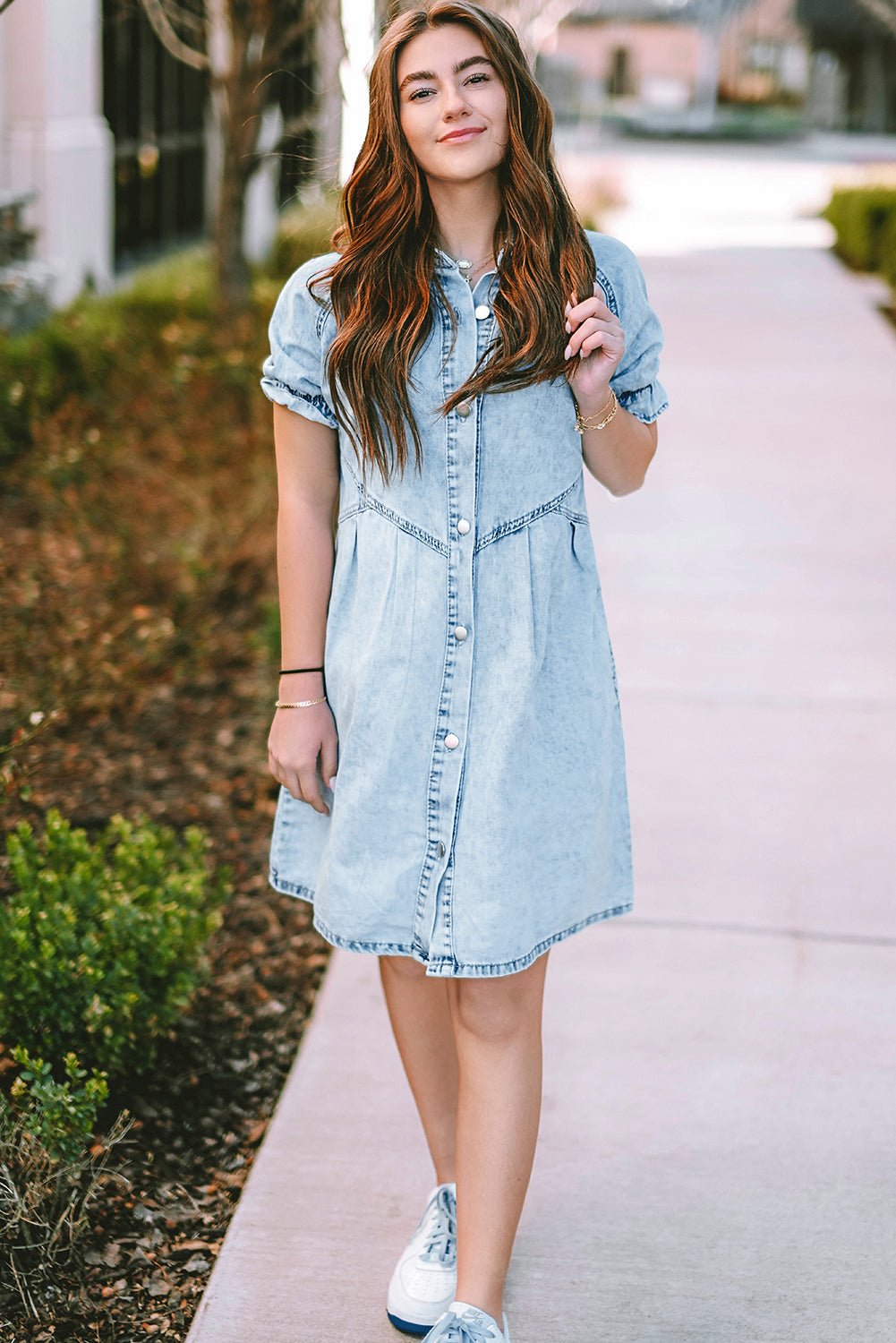 Blue Mineral Washed Ruffled Short Sleeve Pocketed Denim Dress - MAD RUFFI