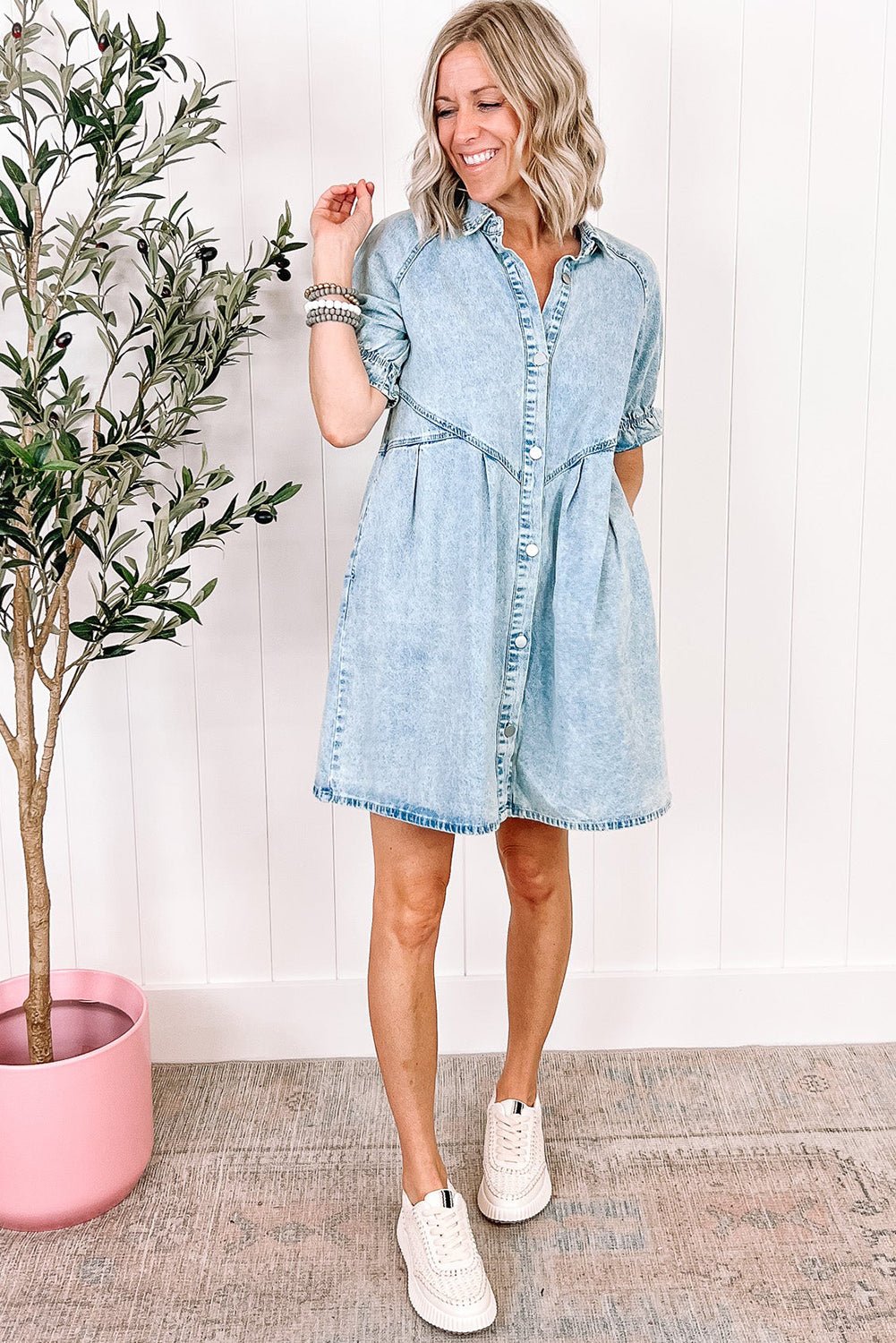 Blue Mineral Washed Ruffled Short Sleeve Pocketed Denim Dress - MAD RUFFI