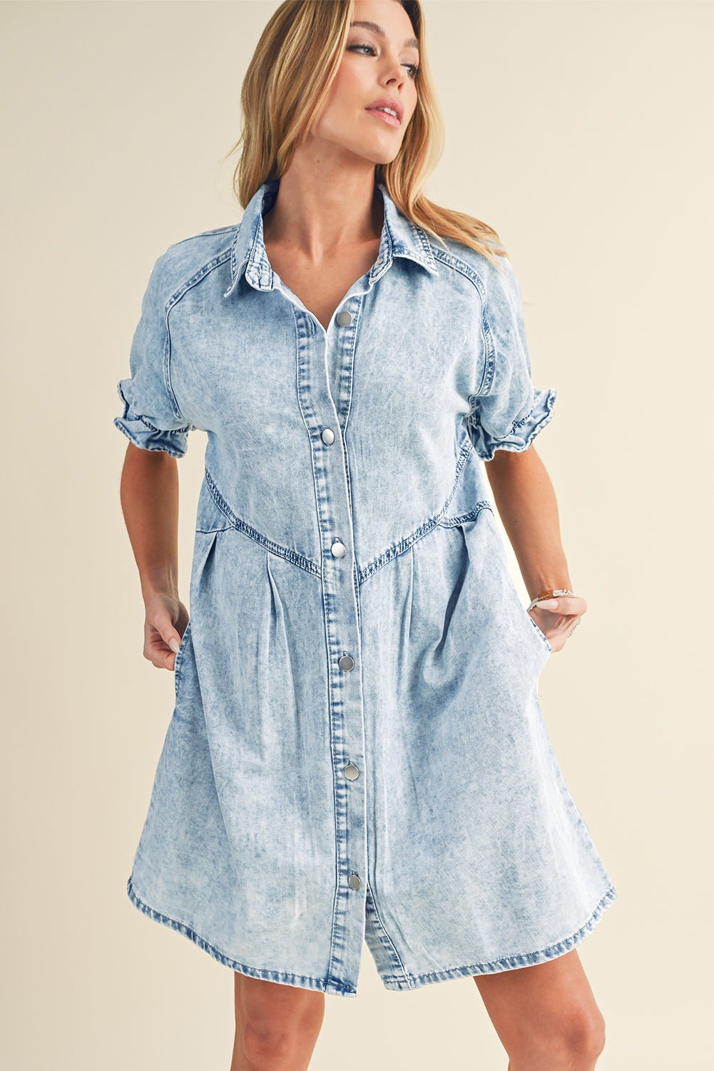 Blue Mineral Washed Ruffled Short Sleeve Pocketed Denim Dress - MAD RUFFI