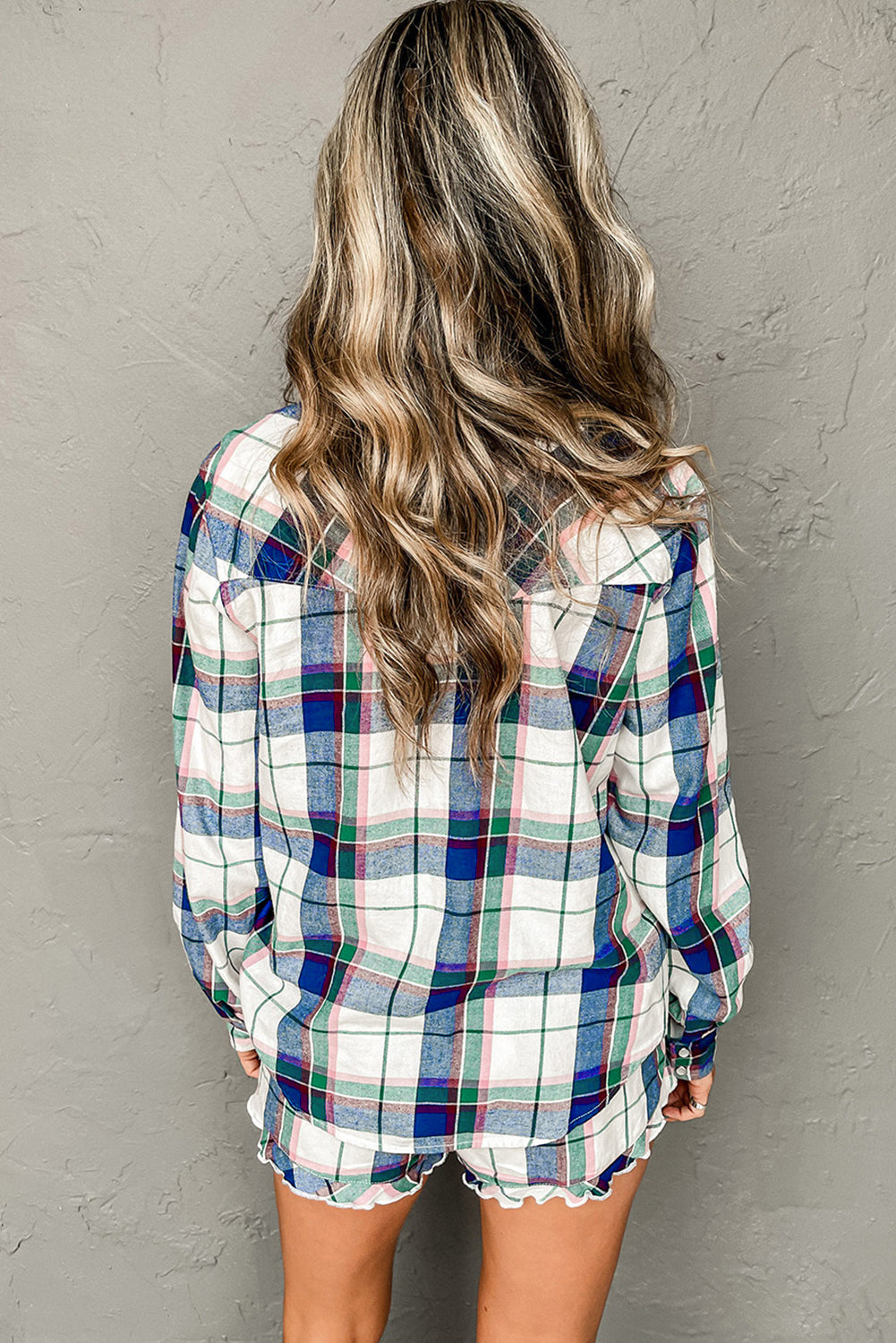 Blue Plaid Print Shirt and Frill Trim Shorts Pajama Set - MAD RUFFI