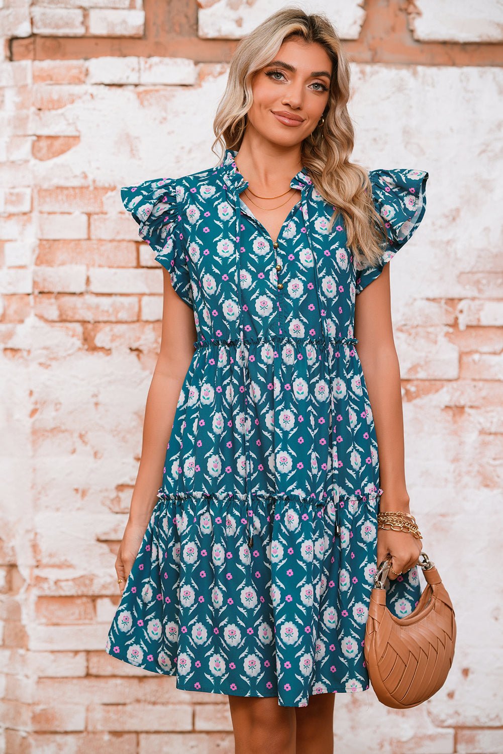 Blue Retro Floral Print Split Neck Ruffle Short Sleeve Dress - MAD RUFFI