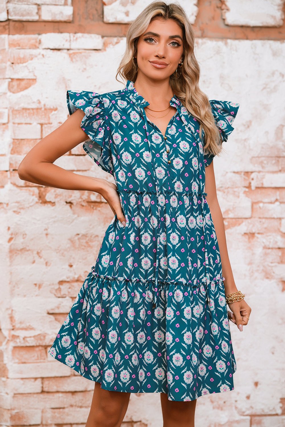 Blue Retro Floral Print Split Neck Ruffle Short Sleeve Dress - MAD RUFFI