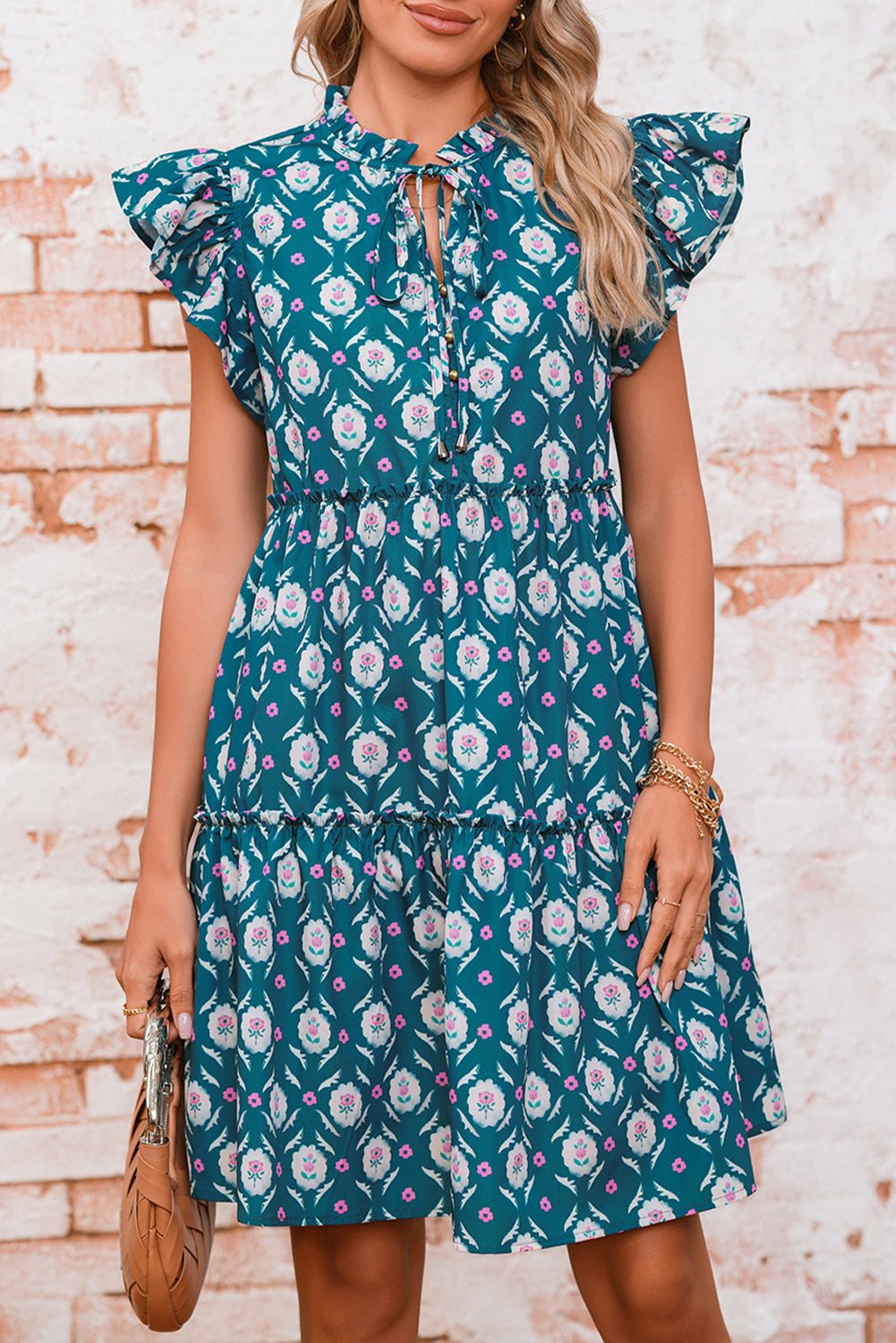 Blue Retro Floral Print Split Neck Ruffle Short Sleeve Dress - MAD RUFFI