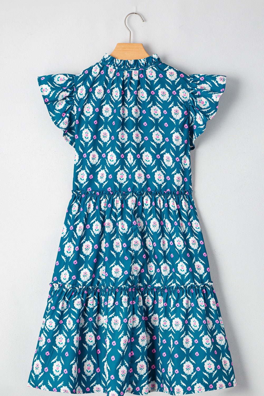 Blue Retro Floral Print Split Neck Ruffle Short Sleeve Dress - MAD RUFFI