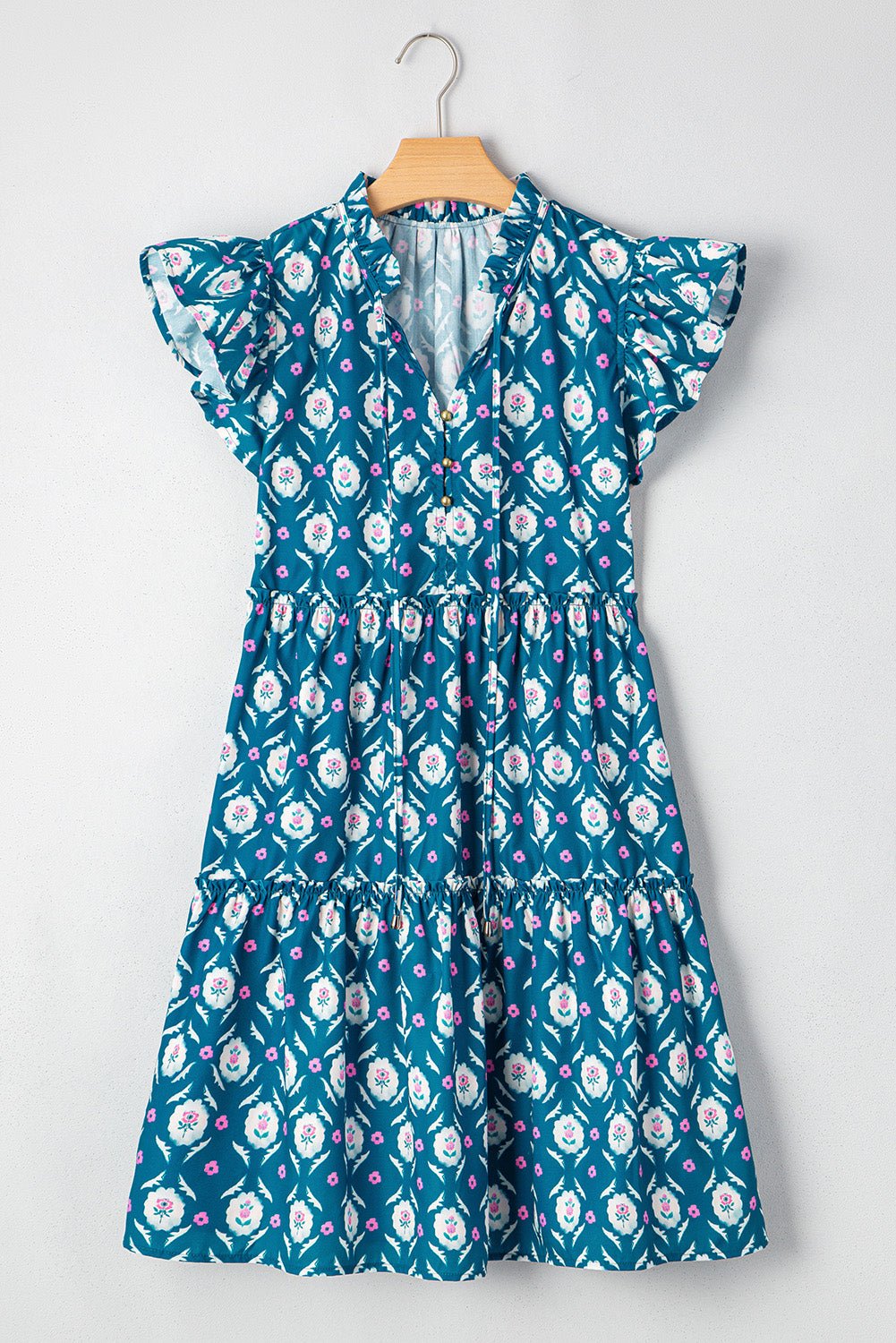 Blue Retro Floral Print Split Neck Ruffle Short Sleeve Dress - MAD RUFFI