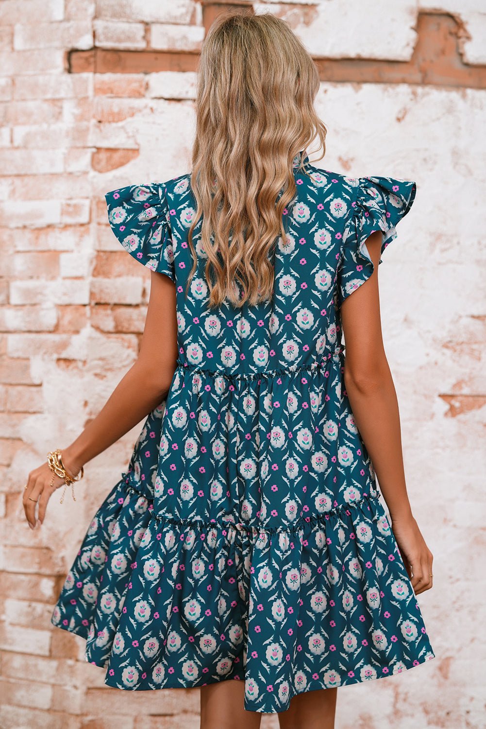 Blue Retro Floral Print Split Neck Ruffle Short Sleeve Dress - MAD RUFFI