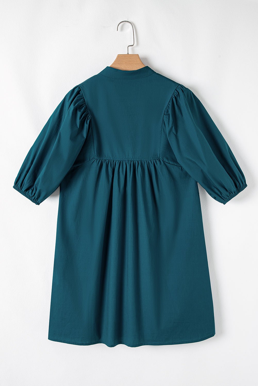 Blue Sapphire Puff Sleeve Pleated Pop of Color Neckline Dress - MAD RUFFI