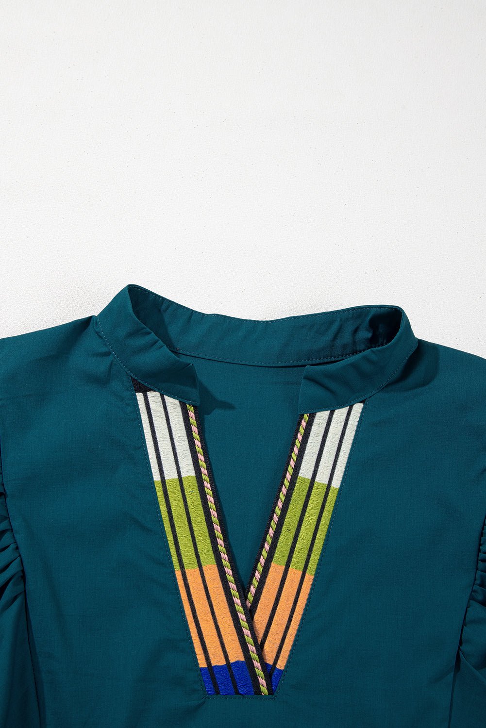 Blue Sapphire Puff Sleeve Pleated Pop of Color Neckline Dress - MAD RUFFI