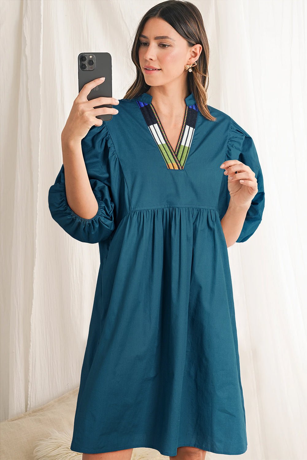 Blue Sapphire Puff Sleeve Pleated Pop of Color Neckline Dress - MAD RUFFI