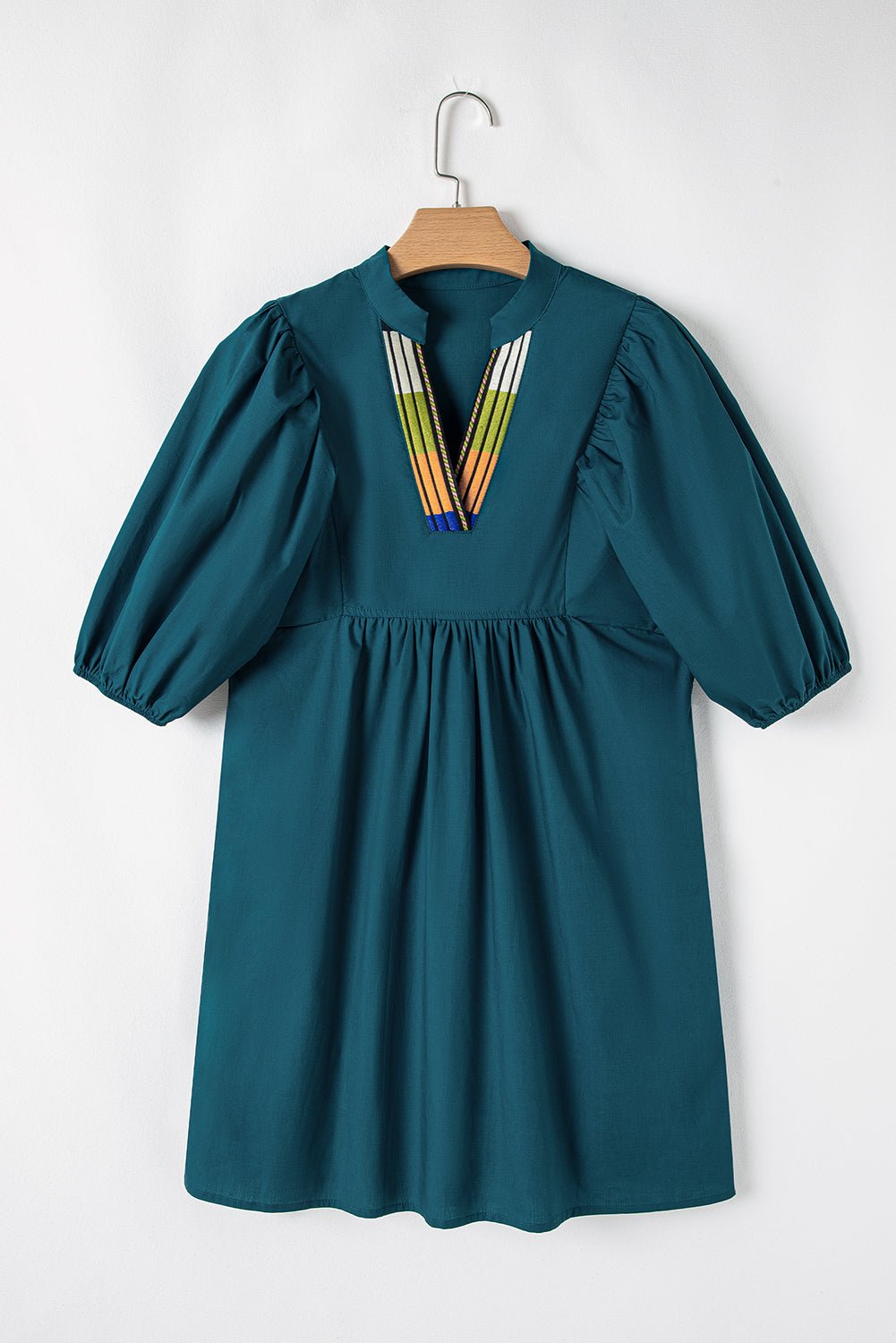 Blue Sapphire Puff Sleeve Pleated Pop of Color Neckline Dress - MAD RUFFI