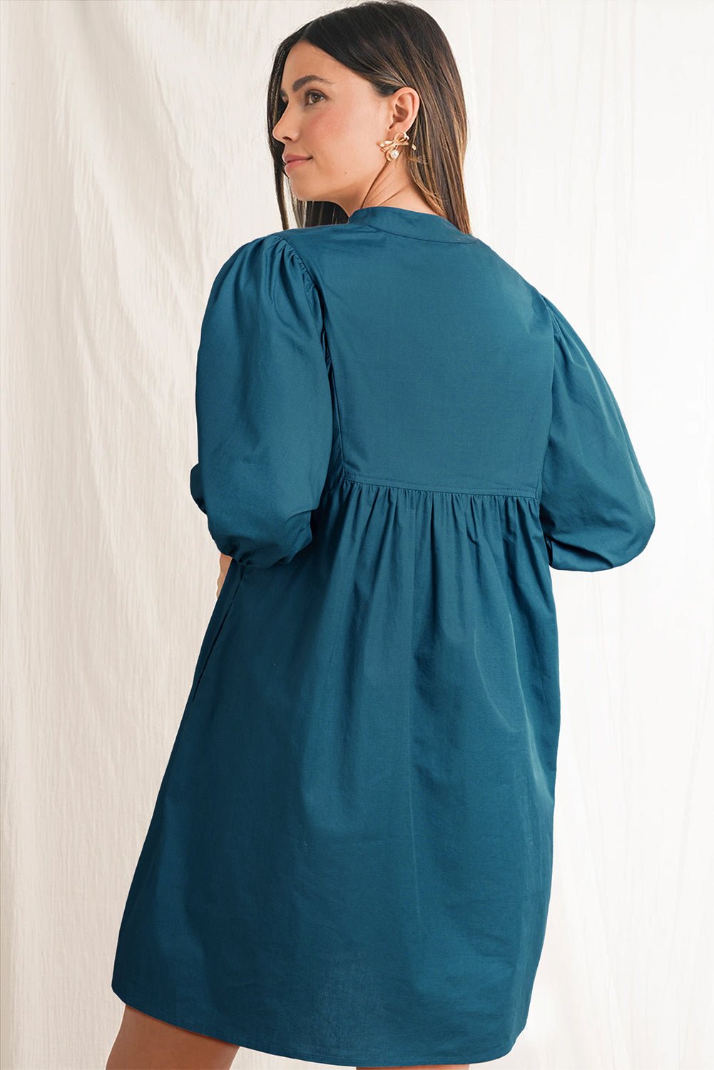 Blue Sapphire Puff Sleeve Pleated Pop of Color Neckline Dress - MAD RUFFI