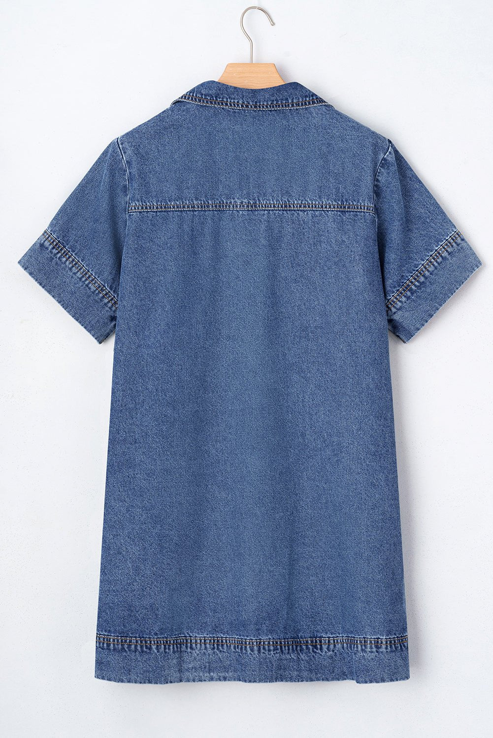 Blue Short Sleeve Collared Chest Pocket Denim Mini Dress - MAD RUFFI