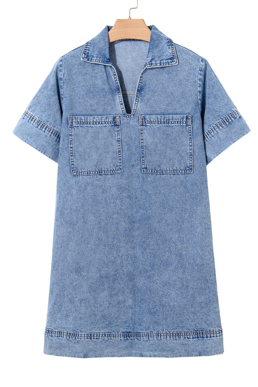Blue Short Sleeve Collared Chest Pocket Denim Mini Dress - MAD RUFFI