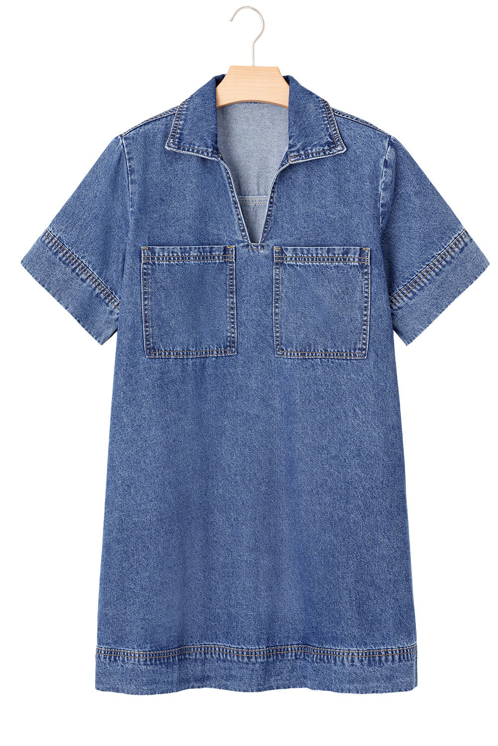 Blue Short Sleeve Collared Chest Pocket Denim Mini Dress - MAD RUFFI