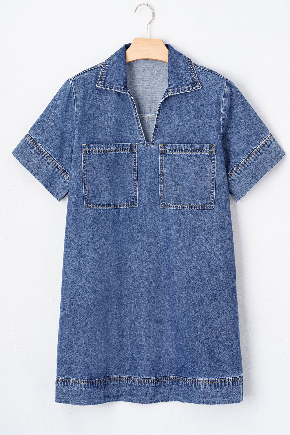 Blue Short Sleeve Collared Chest Pocket Denim Mini Dress - MAD RUFFI