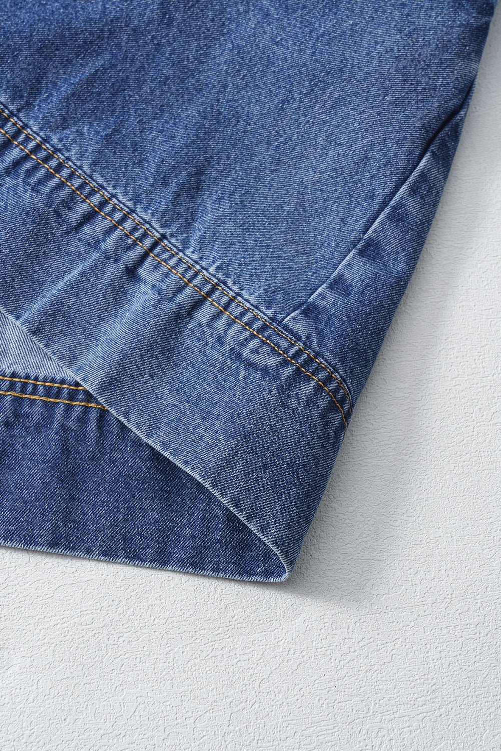 Blue Short Sleeve Collared Chest Pocket Denim Mini Dress - MAD RUFFI