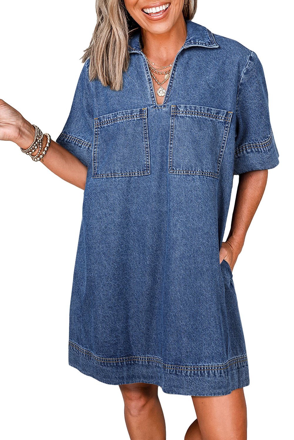 Blue Short Sleeve Collared Chest Pocket Denim Mini Dress - MAD RUFFI