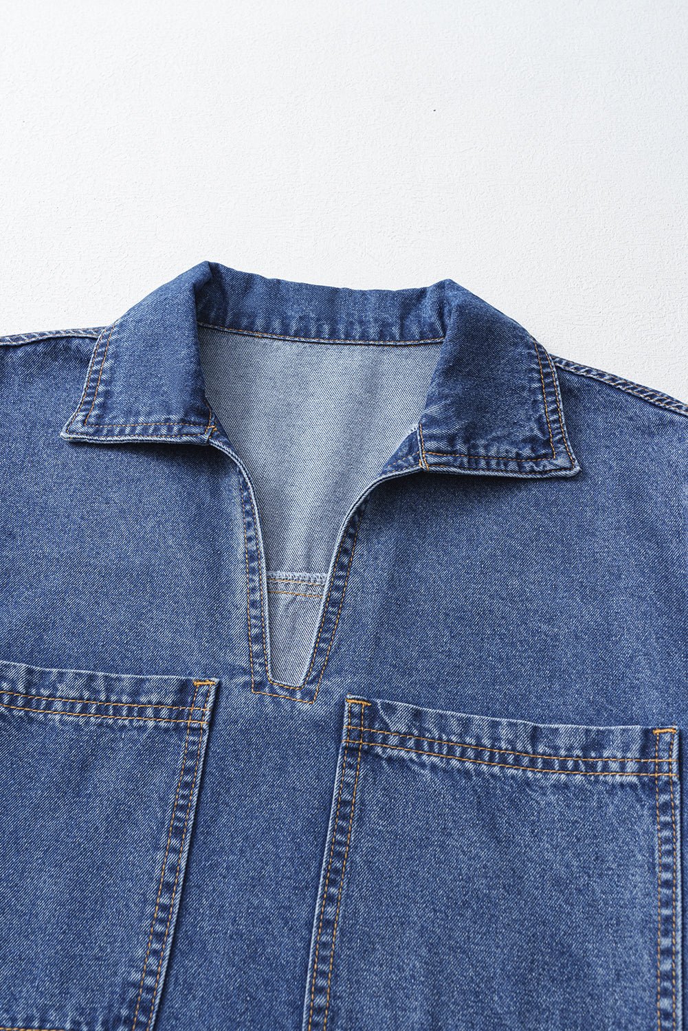 Blue Short Sleeve Collared Chest Pocket Denim Mini Dress - MAD RUFFI