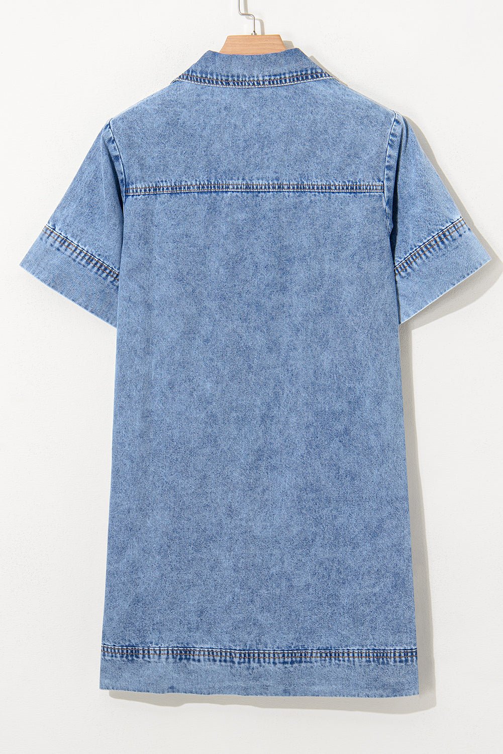 Blue Short Sleeve Collared Chest Pocket Denim Mini Dress - MAD RUFFI