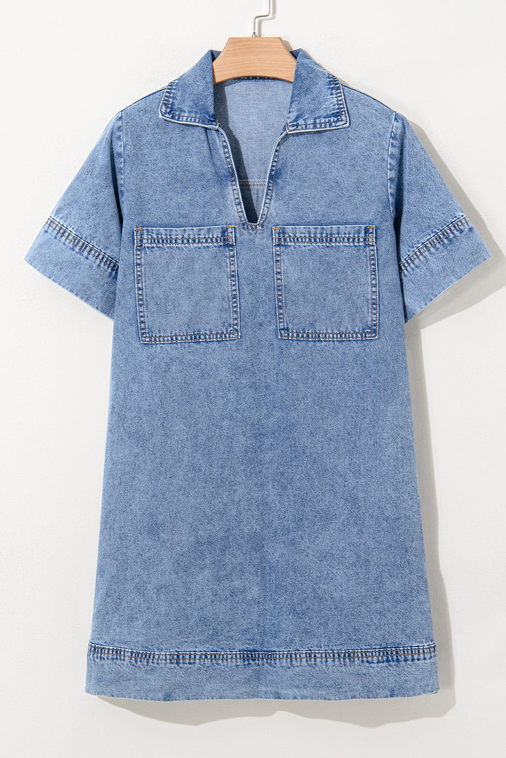 Blue Short Sleeve Collared Chest Pocket Denim Mini Dress - MAD RUFFI