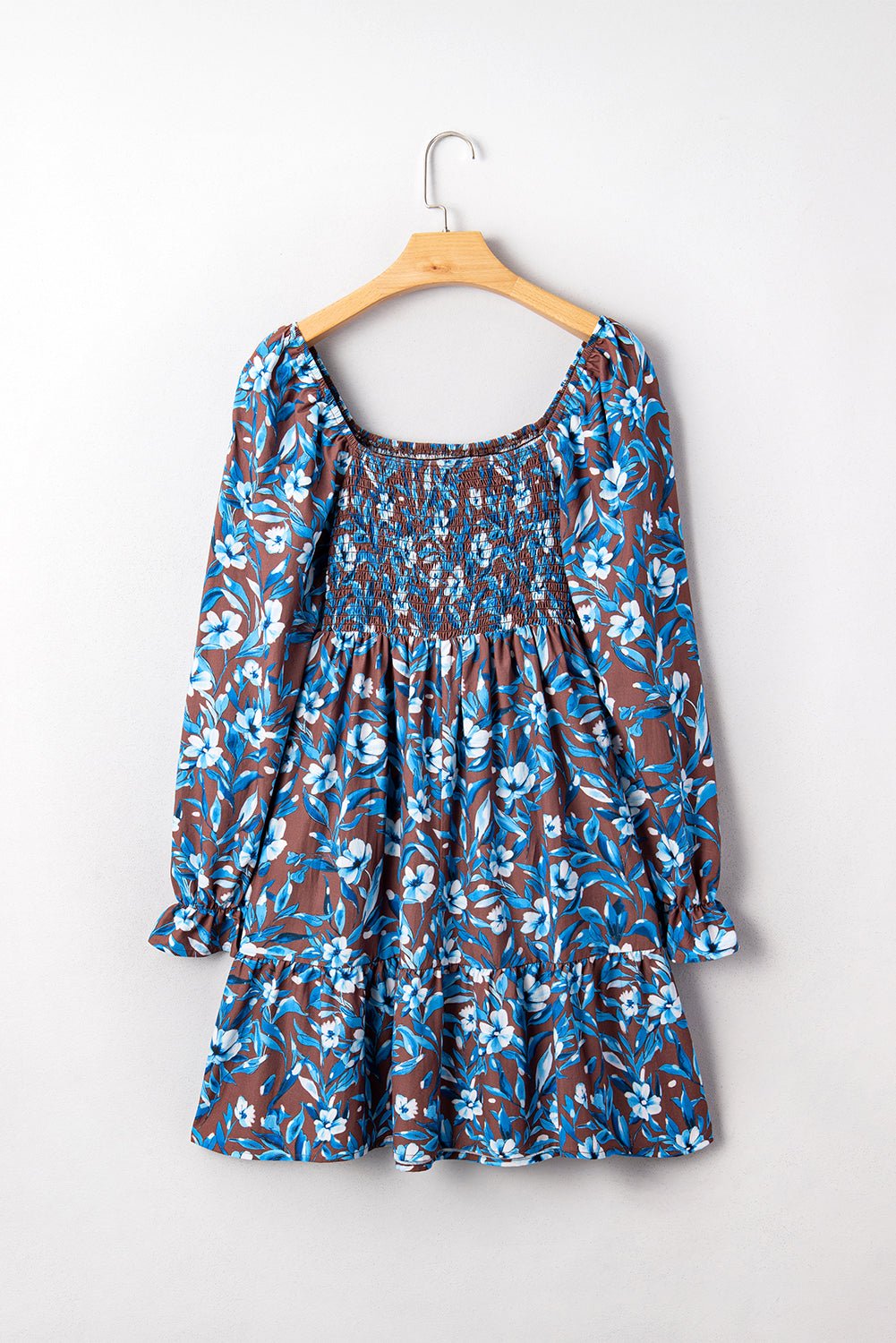 Blue Smocked Bodice High Waist Ruffled Sleeve Floral Dress - MAD RUFFI