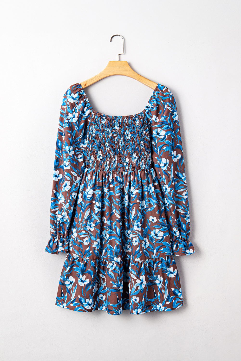Blue Smocked Bodice High Waist Ruffled Sleeve Floral Dress - MAD RUFFI