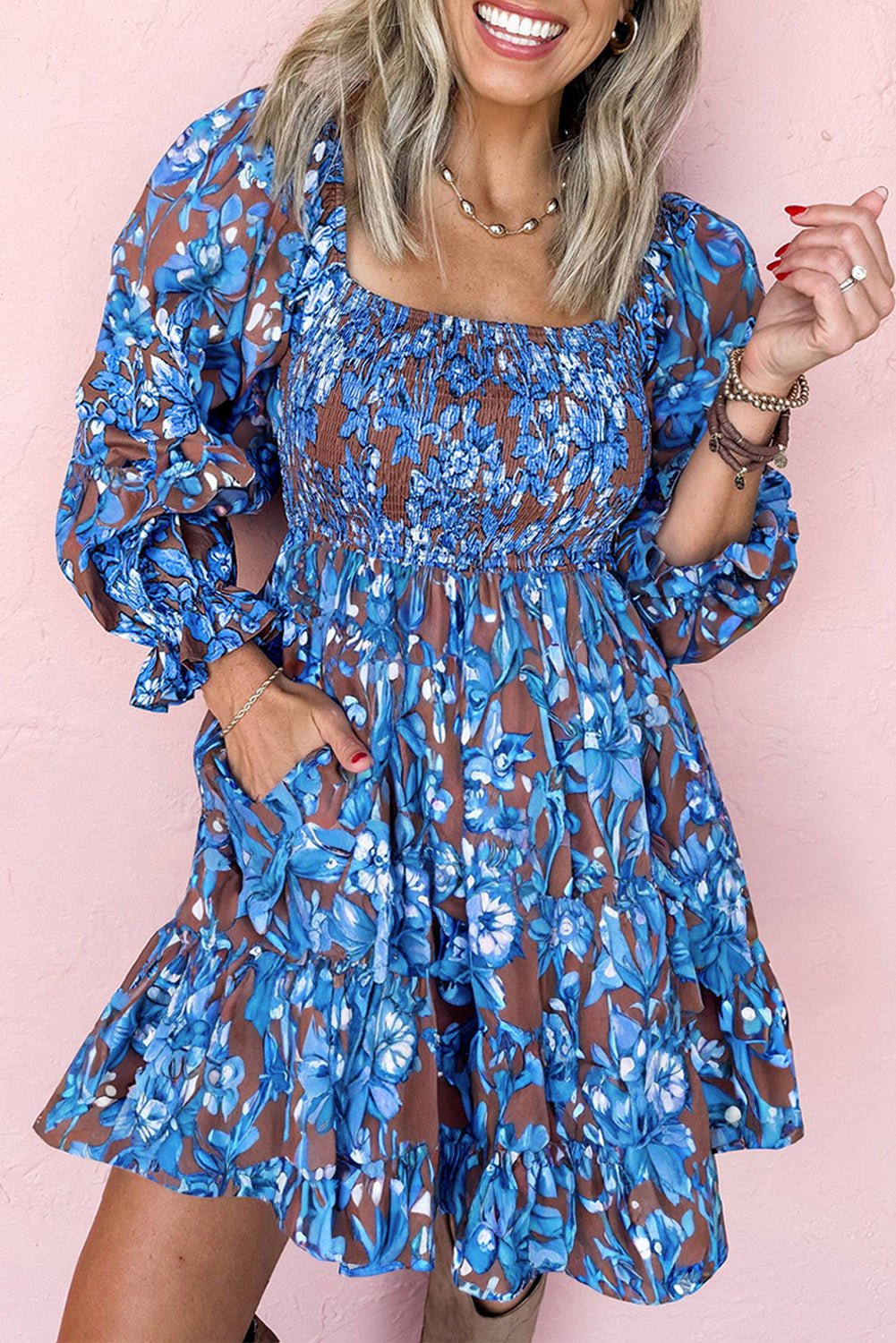 Blue Smocked Bodice High Waist Ruffled Sleeve Floral Dress - MAD RUFFI
