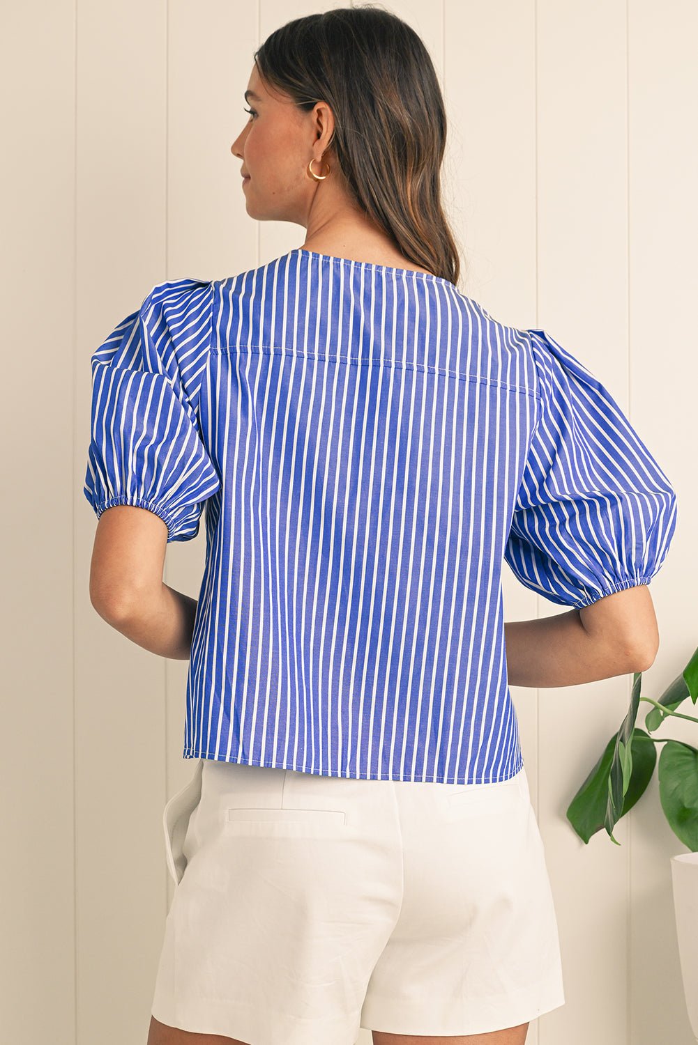 Blue Stripe Bow Tie Front Puff Short Sleeve Blouse - MAD RUFFI