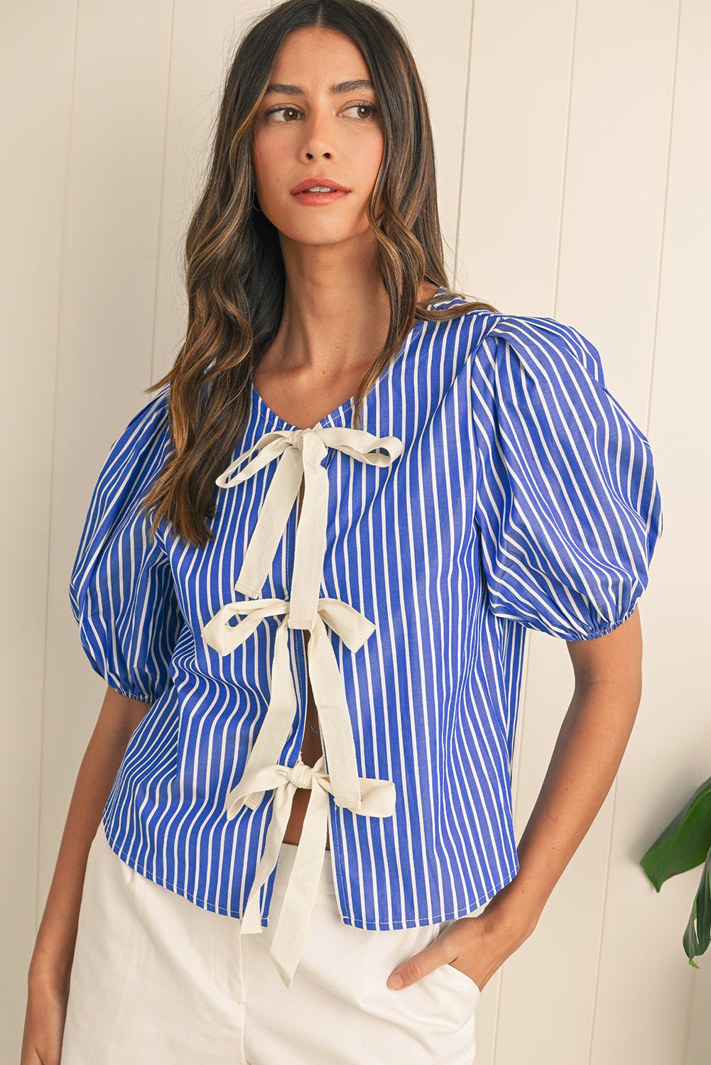 Blue Stripe Bow Tie Front Puff Short Sleeve Blouse - MAD RUFFI