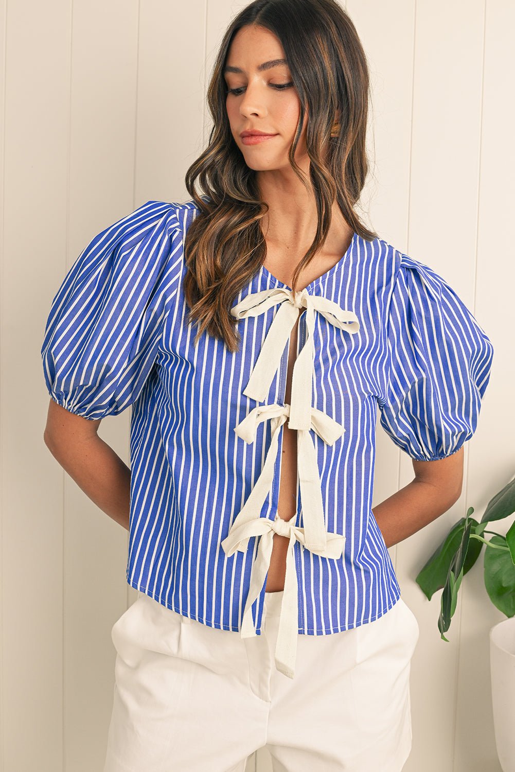 Blue Stripe Bow Tie Front Puff Short Sleeve Blouse - MAD RUFFI