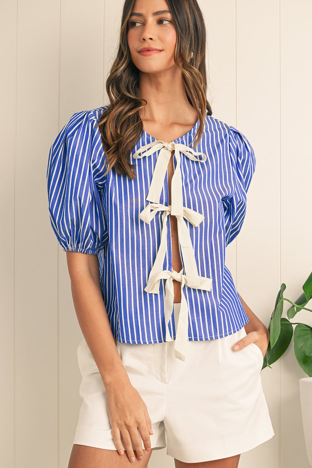 Blue Stripe Bow Tie Front Puff Short Sleeve Blouse - MAD RUFFI