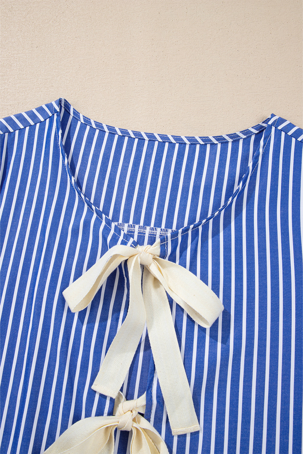 Blue Stripe Bow Tie Front Puff Short Sleeve Blouse - MAD RUFFI