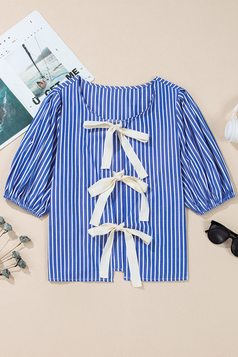 Blue Stripe Bow Tie Front Puff Short Sleeve Blouse - MAD RUFFI