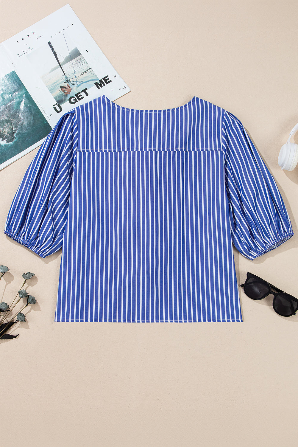 Blue Stripe Bow Tie Front Puff Short Sleeve Blouse - MAD RUFFI