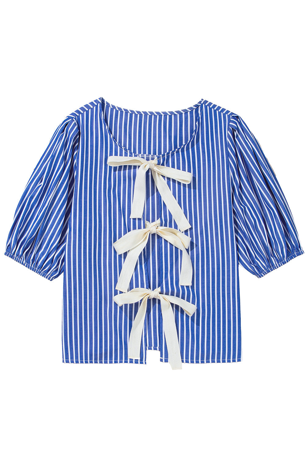 Blue Stripe Bow Tie Front Puff Short Sleeve Blouse - MAD RUFFI