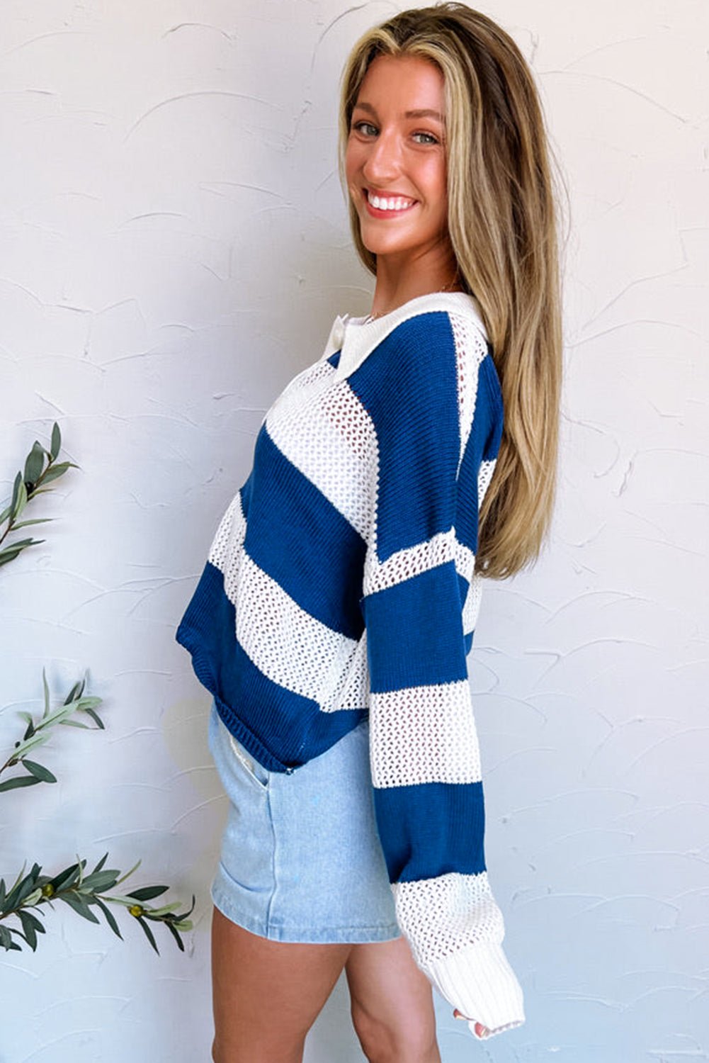 Blue Stripe Colorblock Polo Collar Eyelet Crochet Knit Sweater - MAD RUFFI