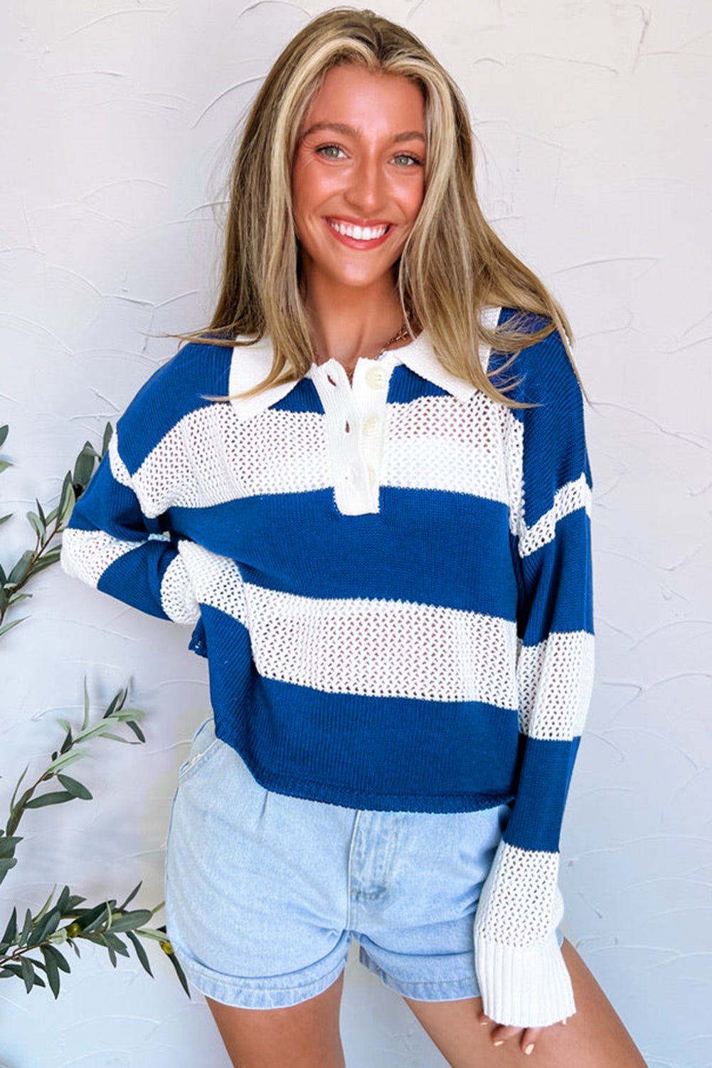 Blue Stripe Colorblock Polo Collar Eyelet Crochet Knit Sweater - MAD RUFFI