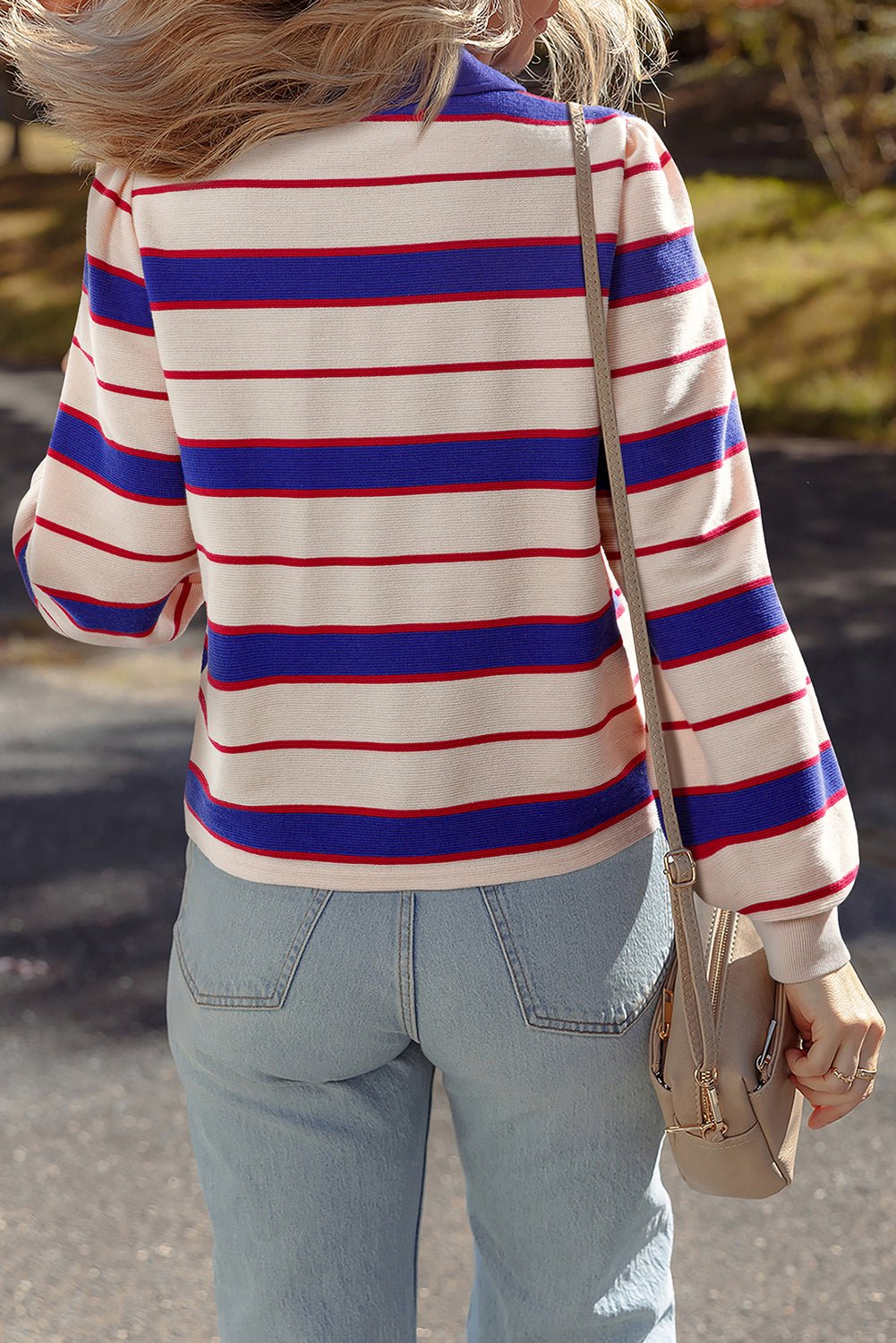Blue Stripe Colorblock V Neck Collared Sweatshirt - MAD RUFFI