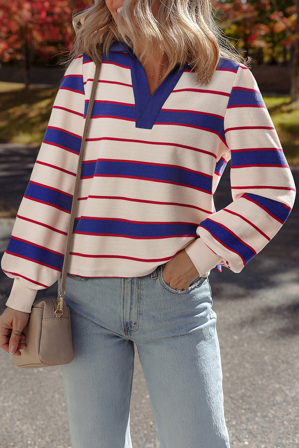 Blue Stripe Colorblock V Neck Collared Sweatshirt - MAD RUFFI
