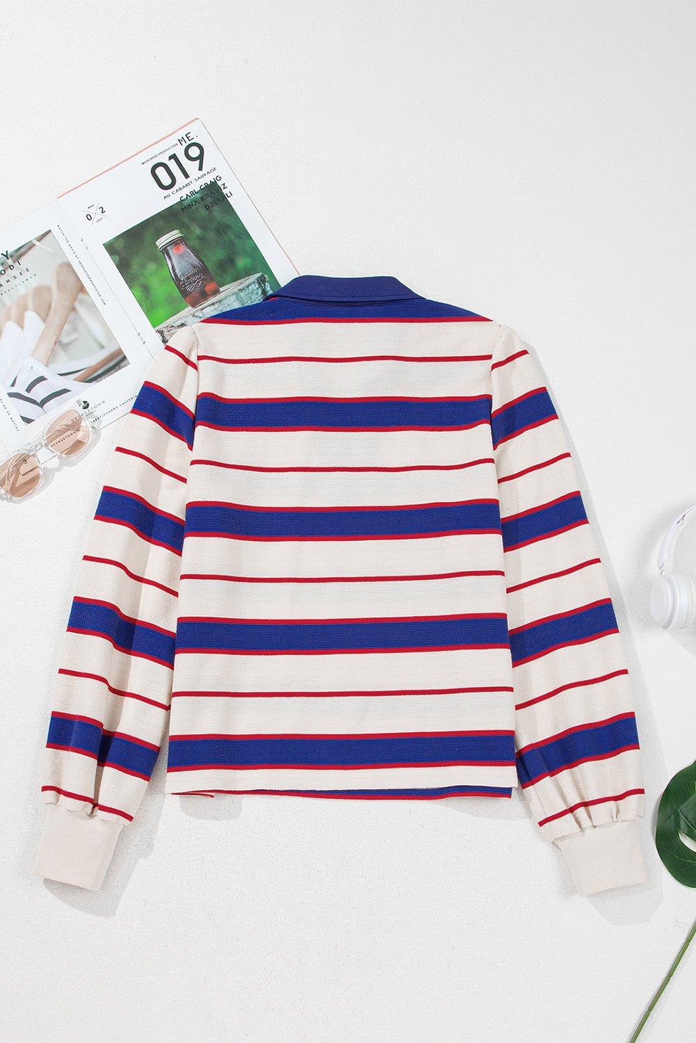 Blue Stripe Colorblock V Neck Collared Sweatshirt - MAD RUFFI